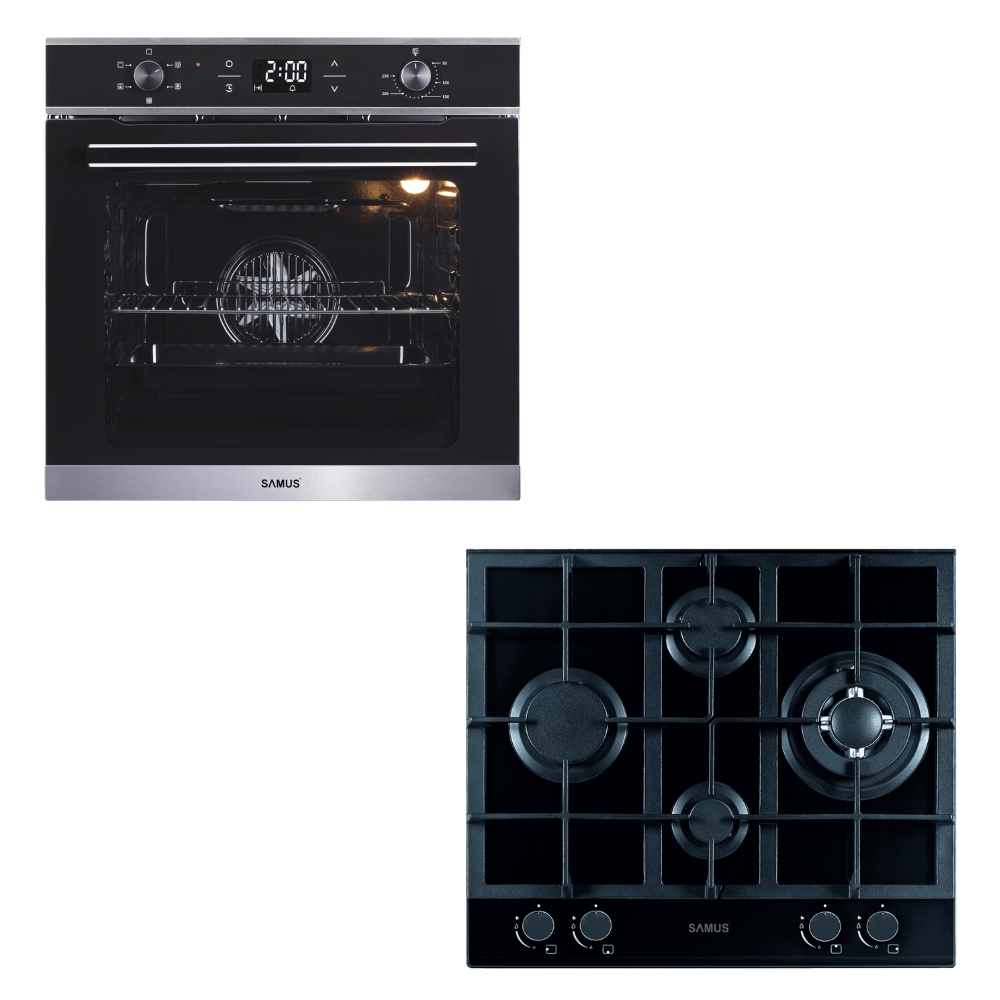 Viața la Țară Pachet Bucatarie Samus: Cuptor Incorporabil SC625GDX5 75L, 5 Functii, Semi Grill, Display Digital + Plita Incorporabila PSG-64SG2, 4 Arzatoare Gaz,