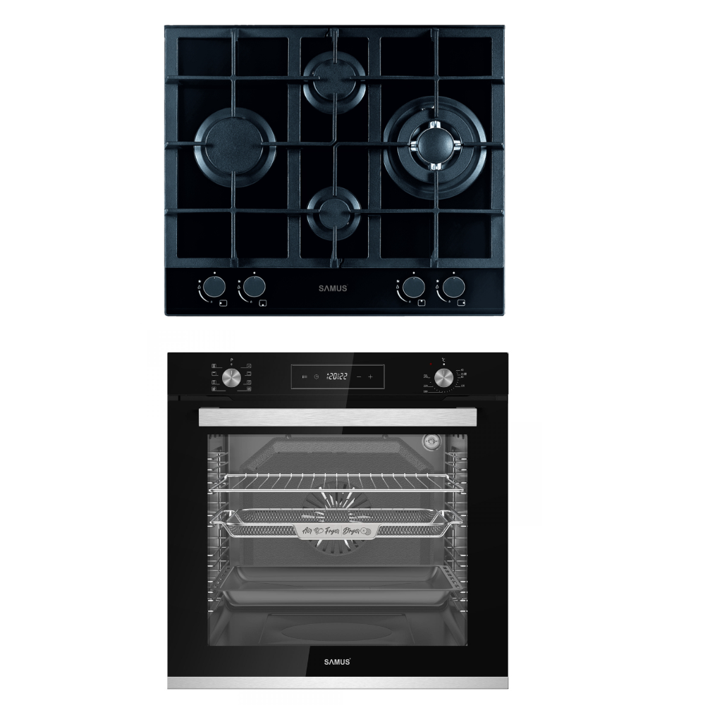 Viața la Țară Pachet Bucatarie Samus: Plita Incorporabila PSG-64SG2 4 Arzatoare Gaz, WOK, Fonta + Cuptor Incorporabil SCE828GCF3D 80L, 8 Functii, Convectie 3D,