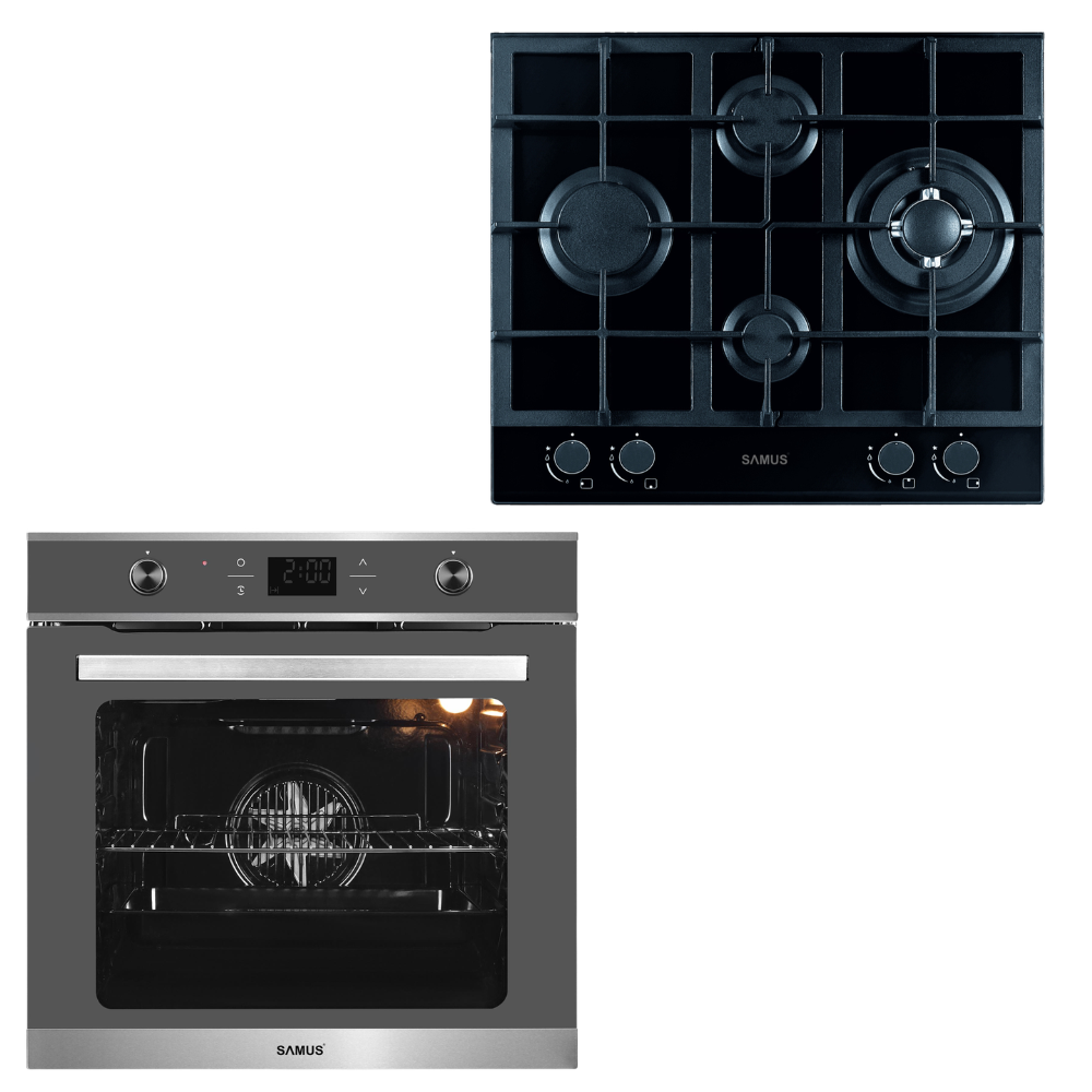 Viața la Țară Pachet Bucatarie Samus: Plita Incorporabila PSG-64SG2 4 Arzatoare Gaz, WOK, Gratare Fonta + Cuptor Incorporabil SC626GDX9 75L, 9 Functii, Semi Grill,