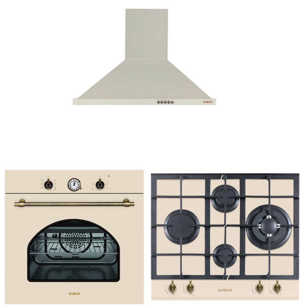Viața la Țară Pachet bucatarie Samus Rustic: Cuptor incorporabil SC620VTV 56L + Plita gaz PSG-64VG1 + Hota decorativa HS604DHR, 4 arzatoare, 400 m³ h, Bej
