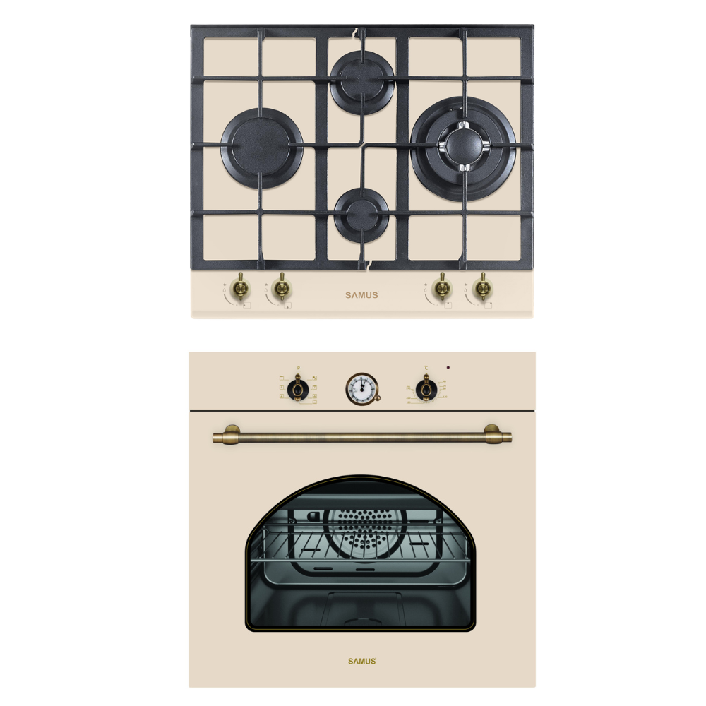 Viața la Țară Pachet Bucatarie Samus Vintage: Plita Incorporabila PSG-64VG1 4 Arzatoare Gaz, WOK, Sticla Bej + Cuptor Incorporabil SC620VTV 56L, 7 Functii, Grill