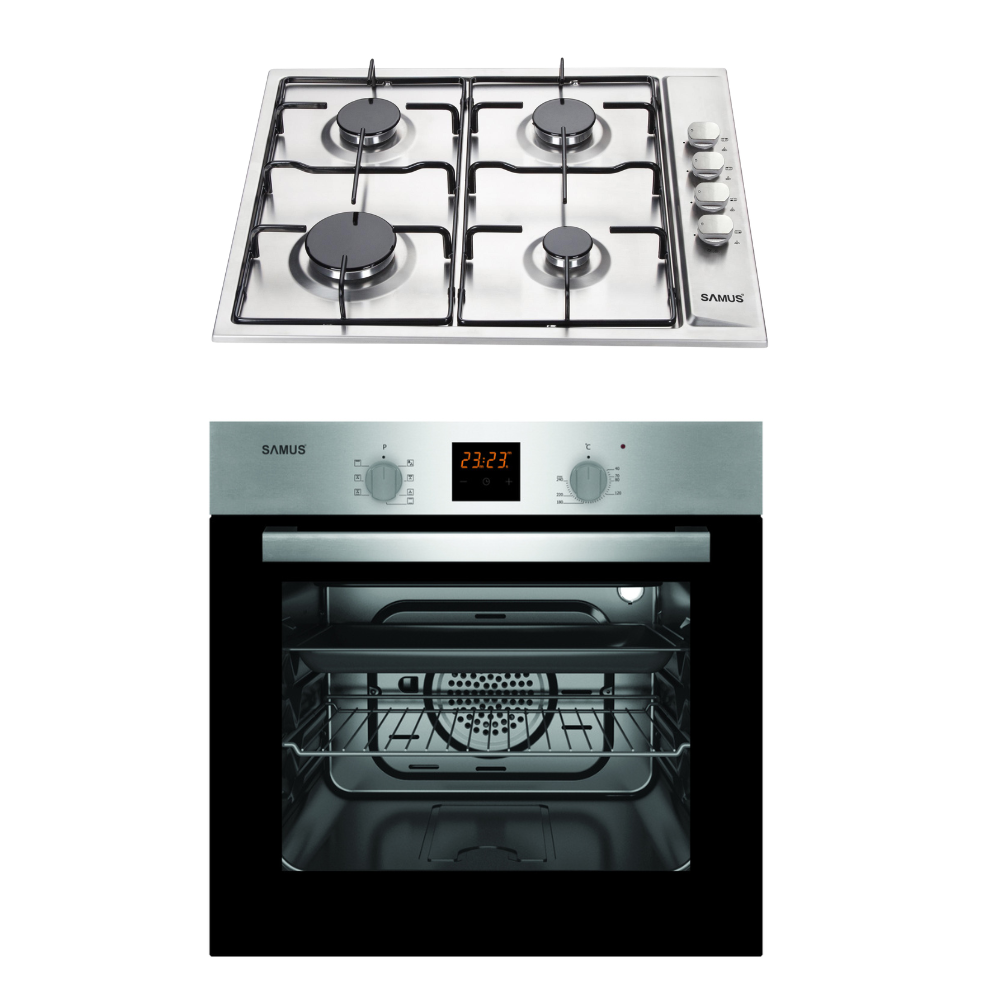 Viața la Țară Pachet Cuptor incorporabil Samus SC617EXV + Plita gaz Samus PSG-64SX, 56L, 7 functii, Grill 2000W, Ventilator, 4 arzatoare, Aprindere electrica, Inox