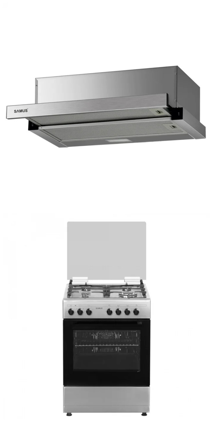 Pachet- Hota incorporabila Samus HS6030TX, 300 mc h, 1 motor, 67 W, latime 60 cm, 2 trepte absorbtie+Aragaz Samus SM662AENS, 4 arzatoare pe gaz,