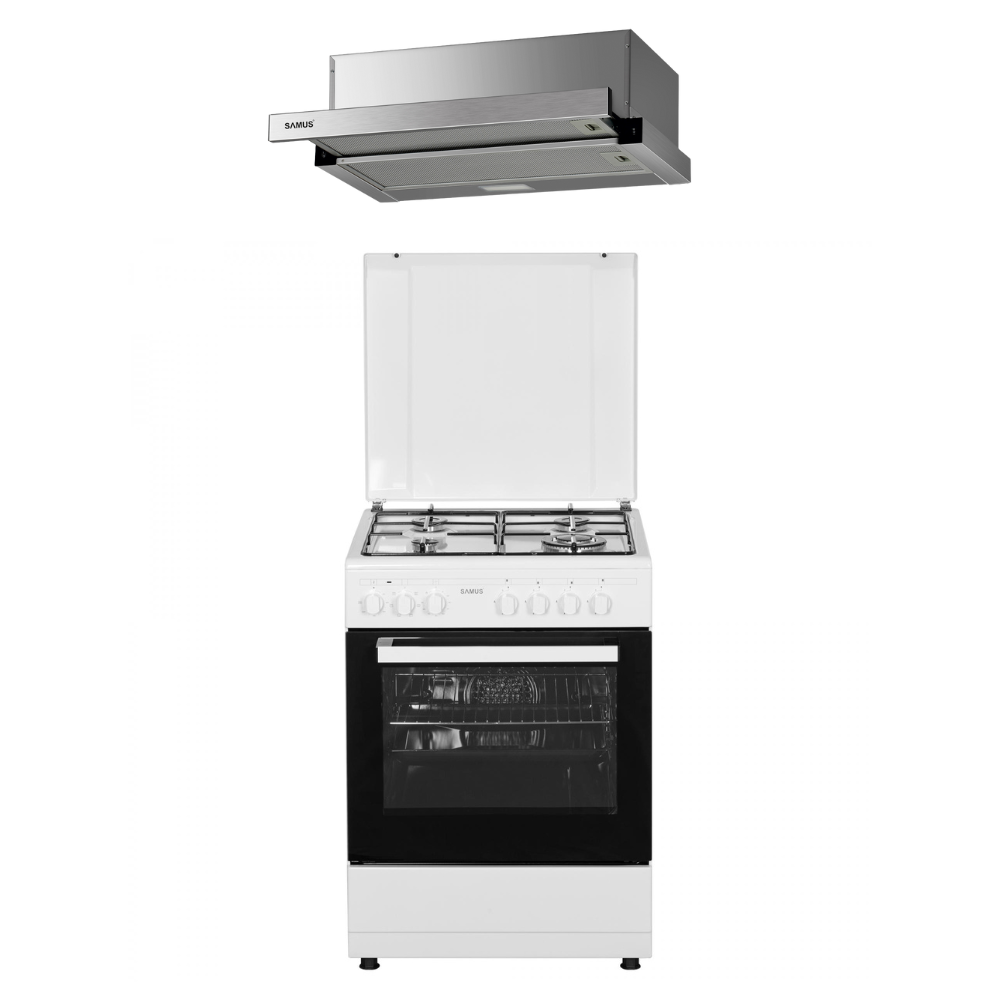 Pachet- Hota incorporabila Samus HS6030TX, 300 mc h, 1 motor, 67 W, latime 60 cm, 2 trepte absorbtie+Aragaz Samus SM662AENS, 4 arzatoare pe gaz,