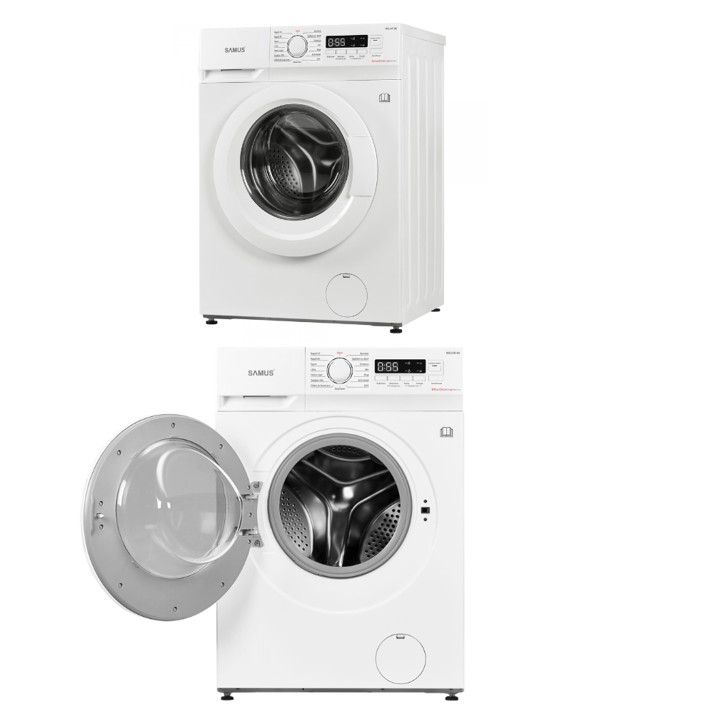 dulap masina de spalat si uscator Pachet - Masina de spalat 8 kg, 15 programe, clasa A, Samus WSLI-8144 + Uscator de rufe 8 kg, Inverter, Pompa de caldura, Steam, Samus SGDP-824
