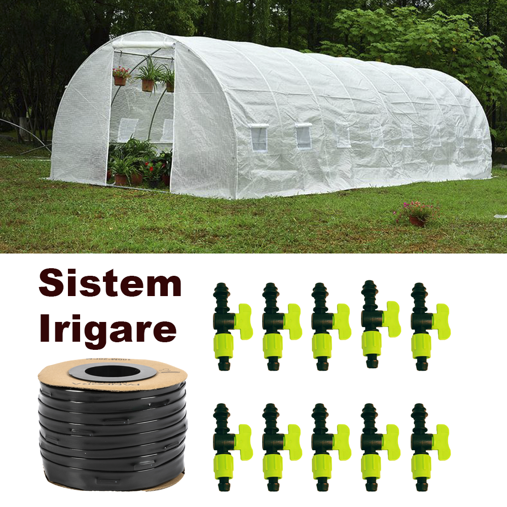 Pachet Sera Polietilena 8x3x2m, Densitate 140g mp UV4 Micul Fermier + Sistem Irigare prin Picurare (10 Robineti + Banda 100m)