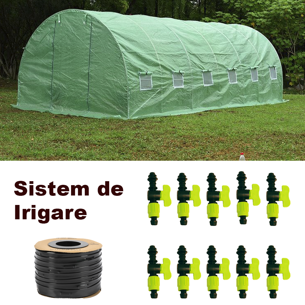 Pachet Solar 6x3x2m, polietilena, densitate 140g mp Micul Fermier + Sistem Irigare prin Picurare (10 Robineti + Banda 100m)