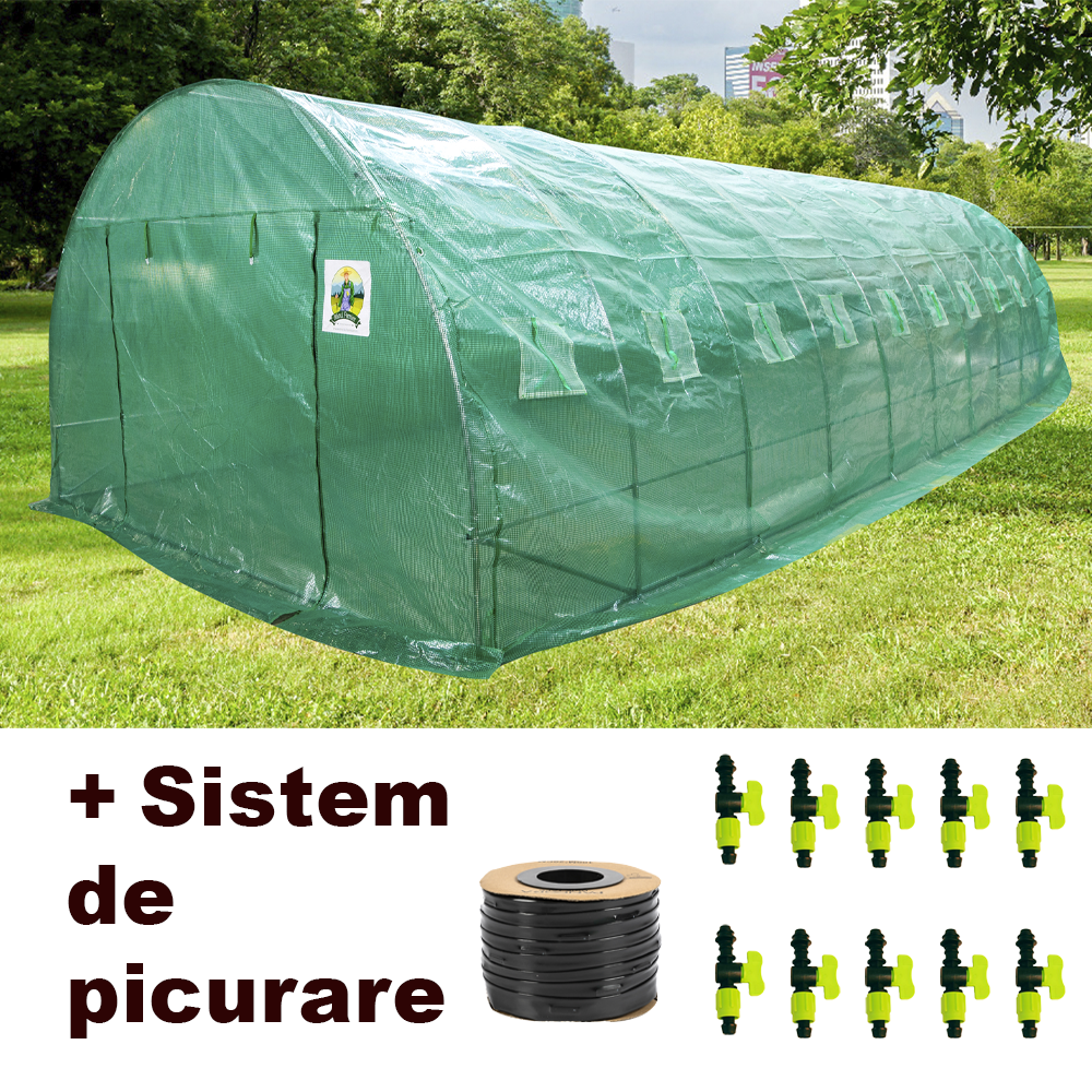 Pachet Solar 8 x 4 x 2.5m, polietilena, densitate 140g mp Micul Fermier + Sistem Irigare prin Picurare (10 Robineti + Banda 100m)