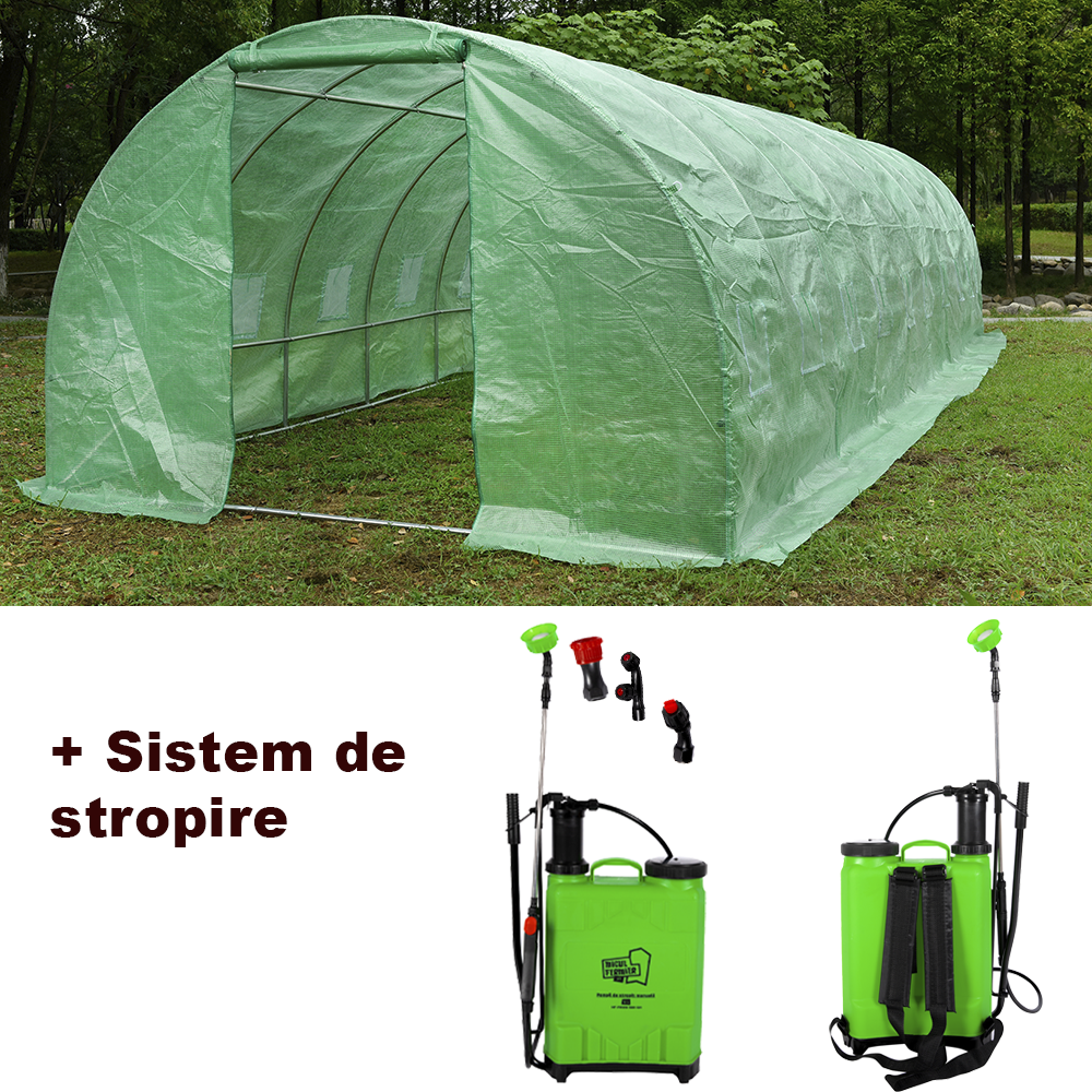 Pachet Solar Sera 10x3x2m, polietilena, densitate 140g mp UV4  Micul Fermier + Pompa de Stropit Manuala 12L, 2.5l min