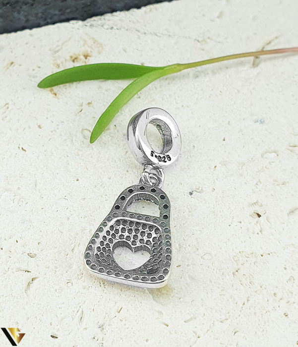 Charm / Talisman din Argint 925, Poseta inima verde [2]