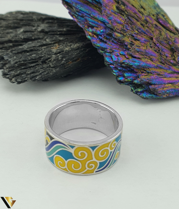 Set format din pandantiv, cercei si inel  argint 925, decorat cu email multicolor design abstract cu valuri inspirat din stilul celebrei picturi "Noapte instelata" de Vincent van Gogh [2]