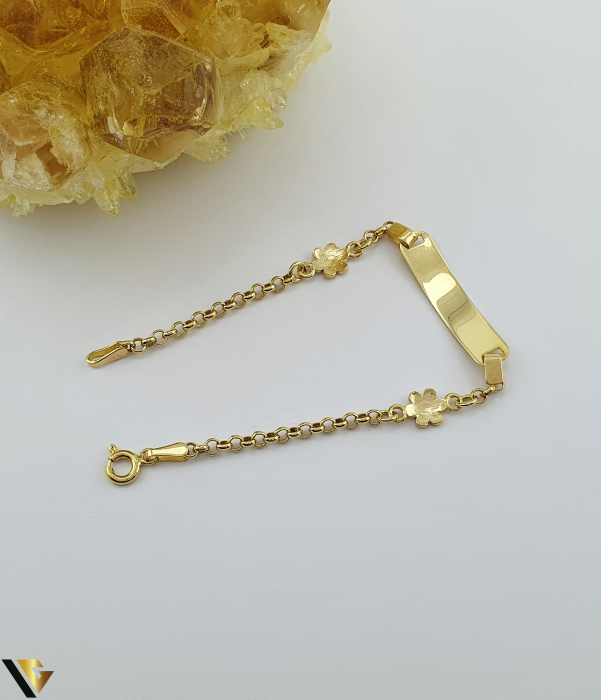 Bratara Aur 14k, Pentru Copii Greutate: 2.61 gr Dimensiune placuta: 25 mm / 6 mm Lungime: 14,5 cm Latime: 2.7 mm Marcaj / titlu: "585" Locatie: Bacau Calea Marasesti Tel: 0756943079 [2]