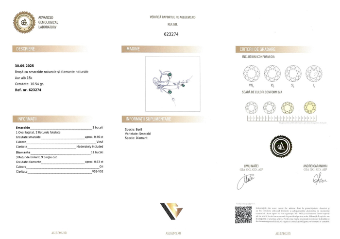 Brosa Aur Alb 18K, Smaralde, Diamante 0.63 ct 10.54g [4]