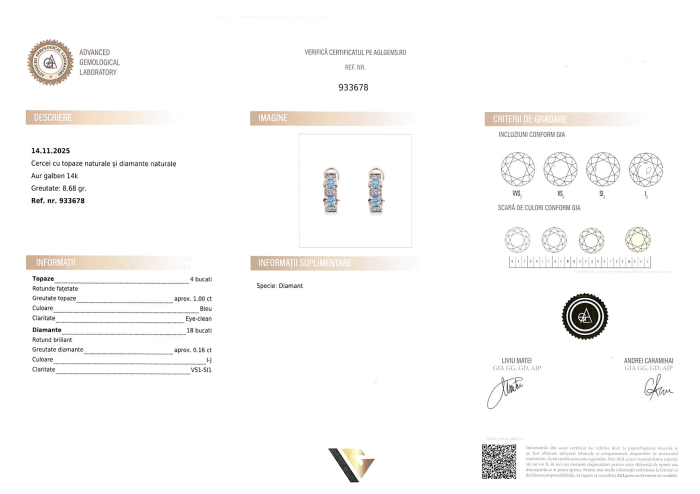 Cercei Aur 14k, Topaze 1.00 ct, Diamante 0.16 ct [4]