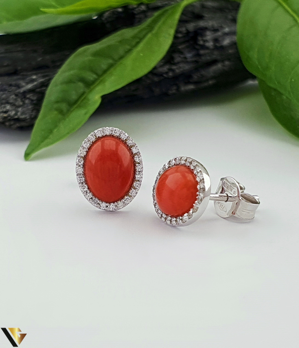 Cercei Aur 18k, Coral si Diamante  0.15 ct [1]