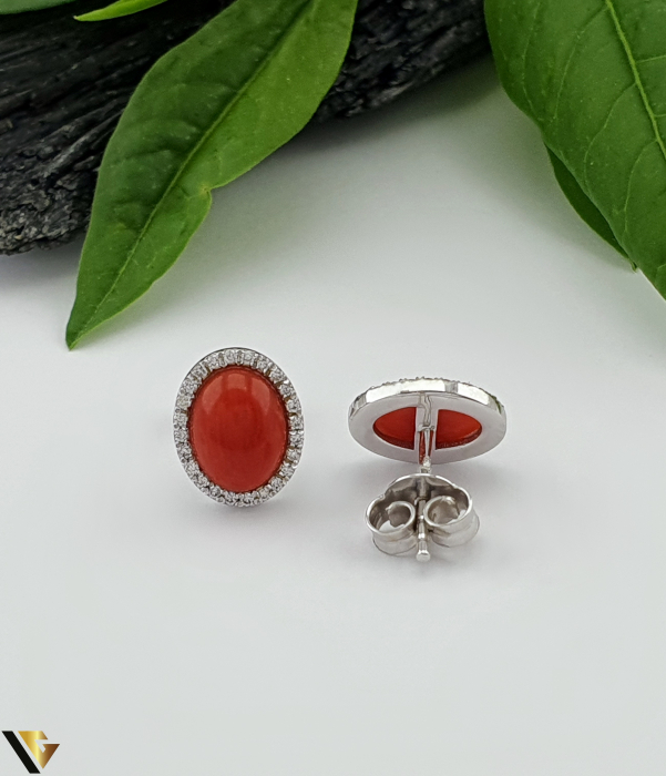 Cercei Aur 18k, Coral si Diamante  0.15 ct [2]