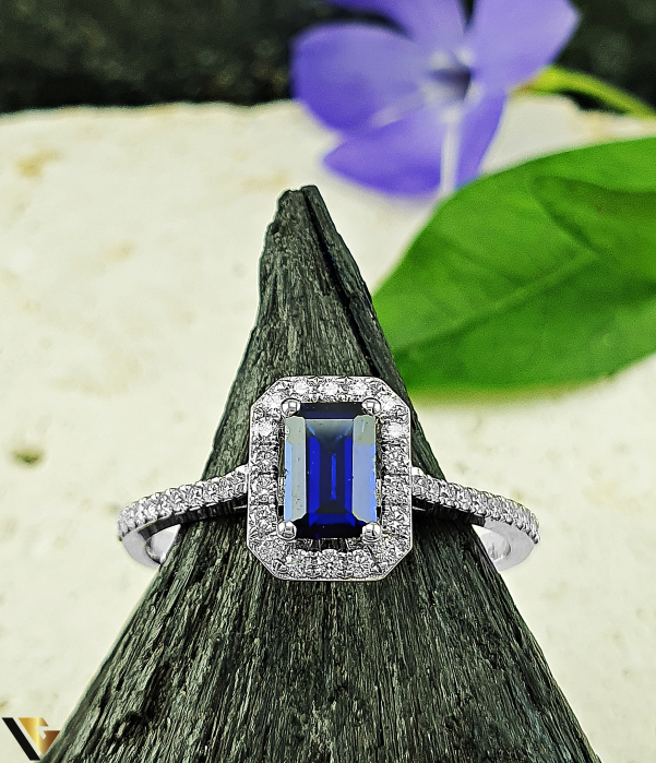 Inel Aur Alb 14k, Diamante 0.24 ct in total, Safir [2]