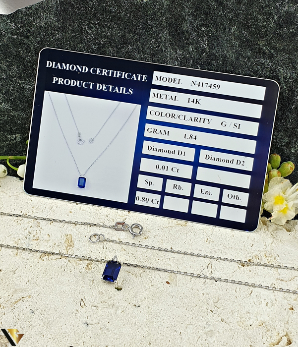 Lant cu Pandantiv Aur Alb 14k, Diamante 0.01 ct in total, Safir [3]