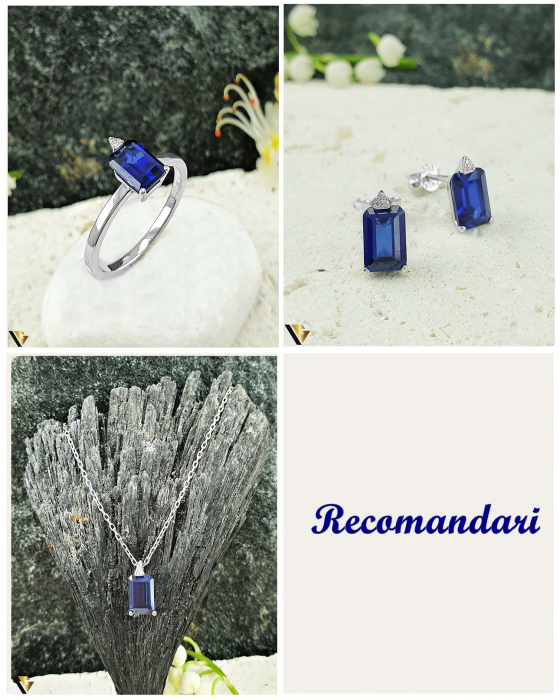 Lant cu Pandantiv Aur Alb 14k, Diamante 0.01 ct in total, Safir [4]