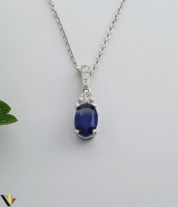 Lant cu Pandantiv Aur Alb 14k, Diamante 0.08 ct, Safir [2]