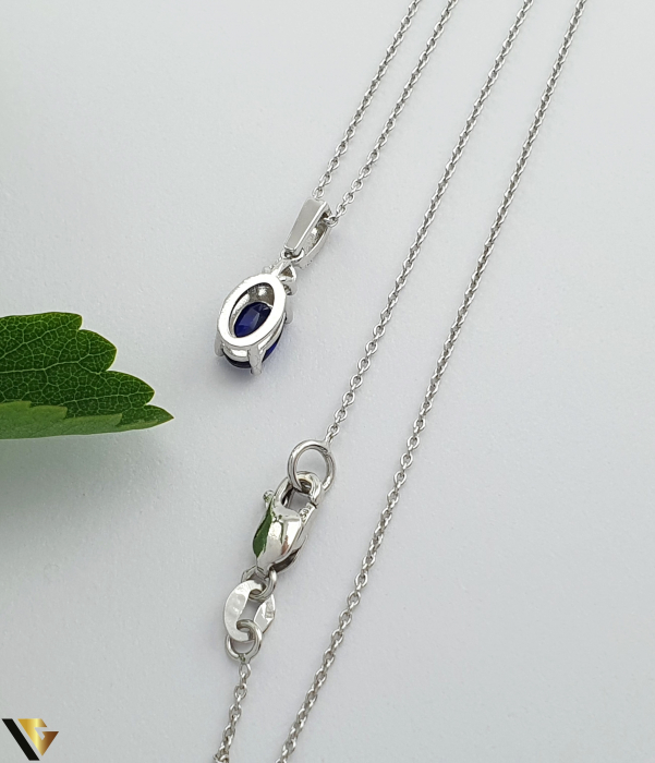 Lant cu Pandantiv Aur Alb 14k, Diamante 0.08 ct, Safir [3]