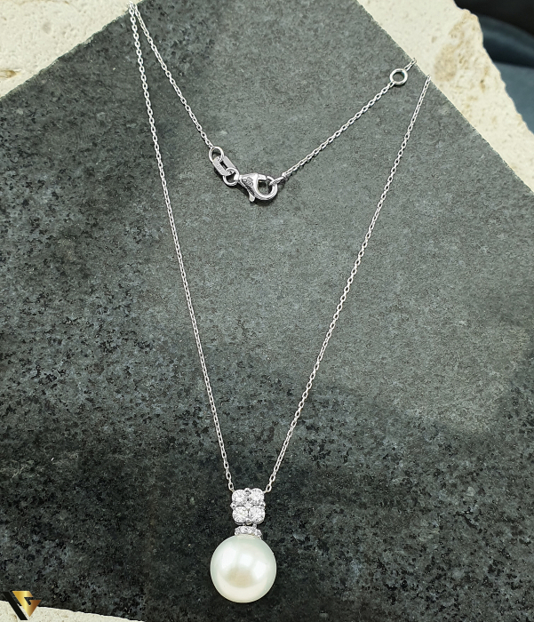 Lant cu Pandantiv Aur Alb 18k, Diamante, Perla [1]