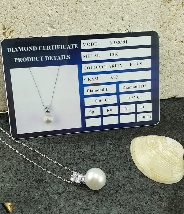Lant cu Pandantiv Aur Alb 18k, Diamante, Perla [3]
