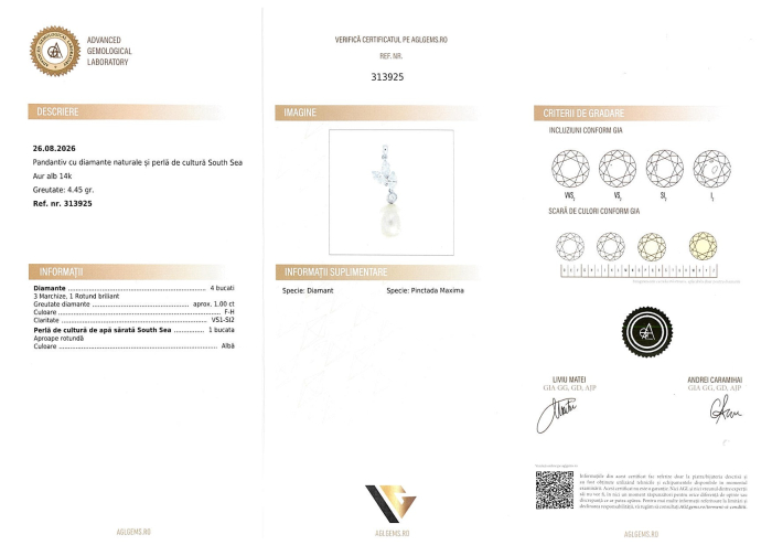 Pandantiv Aur 14k, Diamante 1.00 ct, Perla [4]