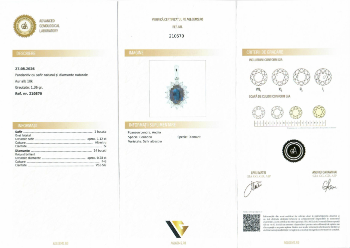 Pandantiv Aur Alb 18k, Diamante 0.28 ct, Safir [4]