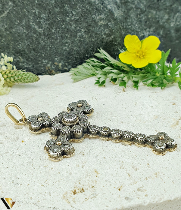 Cruce vintage din aur 19k (800) si argint, diamante naturale [2]