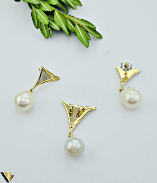 Set cercei si pandantiv aur 14k, cu perle naturale si sidef [2]