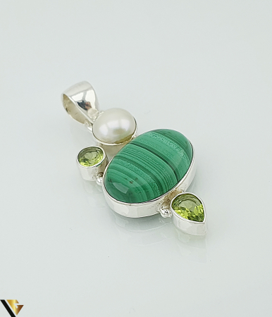 Pandantive din argint - Pandantiv Argint 925, Peridot, Perla si Malachit, 4.16 grame