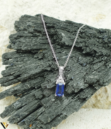 Lant cu Pandantiv Aur Alb 18k, Diamante 0.03 ct, Safir 0.43 ct [0]