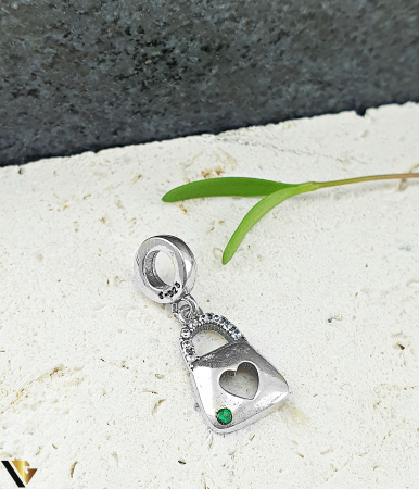 Pandantive din argint - Charm / Talisman din Argint 925, Poseta inima verde