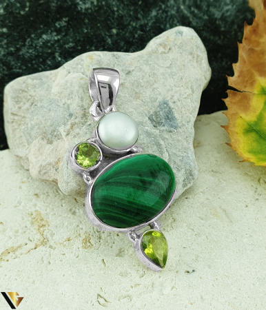 Pandantive din argint - Pandantiv Argint 925, Malachit, Peridot, Perla