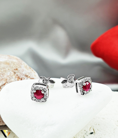 Cercei cu diamante - Cercei Aur Alb 18k, Diamante 0.12 ct in total si Rubine