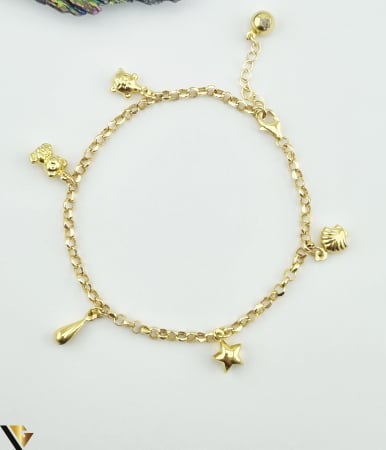 Bijuterii din aur - Bratara aur 14k,  Greutate: 3.77 grame Diametru bila: 5.50 mm Dimensiune forma "testoasa":9.33 mm / 6.20 mm Dimensiune forma "ursulet":10.93 mm / 6.36 mm Dimensiune forma "stea":6.90 mm /6.90 mm Dimensiune forma "scoica":9.60 mm /6.80 mm Latime za: 2.91 mm  Lungime: 21 cm (posibilitate prindere de la 18 cm) Marcaj / titlu: 585  Locatie: HARLAU Tel: 0723353111