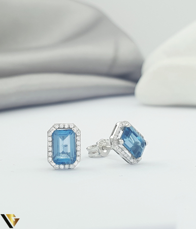 Cercei cu diamante - Cercei Aur 14k, Diamante 0.10 ct, Topaz