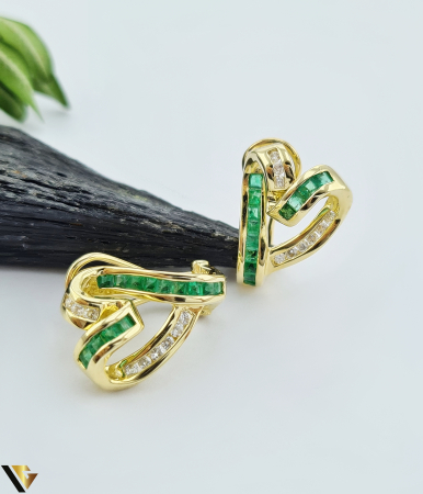 Cercei din aur - Cercei Aur 14k, Smaralde 0.82 ct, Diamante 0.32 ct