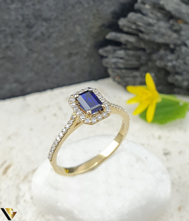 Inele cu diamante - Inel Aur 14k, Diamante 0.24 ct in total, Safir