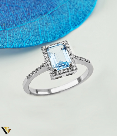 Inele cu diamante - Inel Aur Alb 14K, Diamante 0.16 ct, Topaz