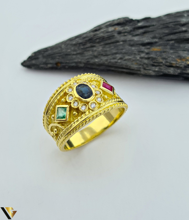 Inele cu diamante - Inel Aur 18k, Diamante 0.15 ct, Rubin, Smarald, Safir