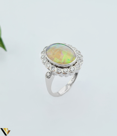Inele din aur - Inel Aur 18k, Opal 2.10 ct, Diamante 0.59 ct