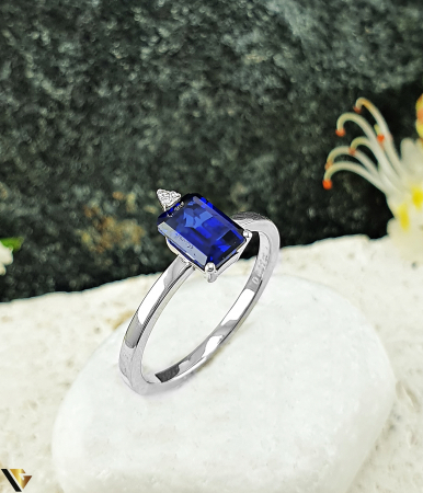 Inele cu diamante - Inel Aur Alb 14k, Diamante 0.01 ct in total, Safir