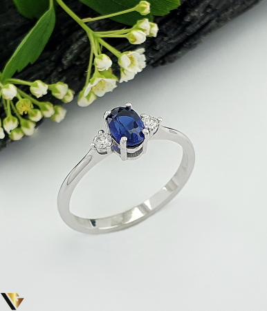 Inele cu diamante - Inel Aur Alb 14k, Diamante 0.09 ct, Safir