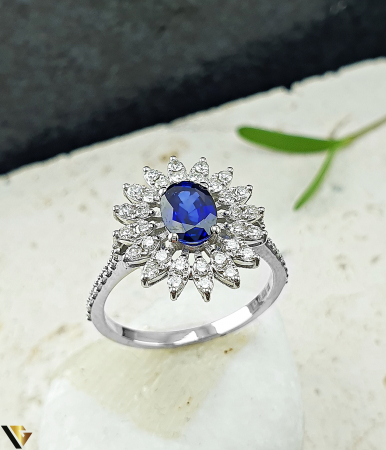 Inele cu diamante - Inel Aur Alb 14k, Diamante 0.53 ct in total, Safir