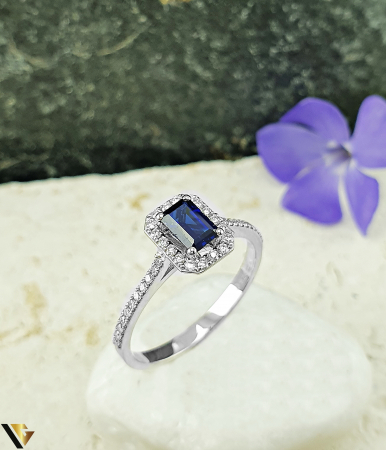 Inele cu diamante - Inel Aur Alb 14k, Diamante 0.24 ct in total, Safir
