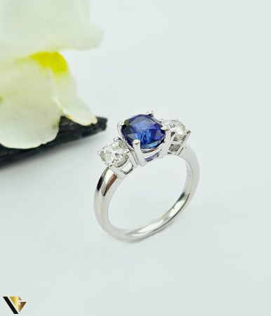 Bijuterii din aur - Inel Aur Alb 18k, Diamante 0.80 ct, Safir