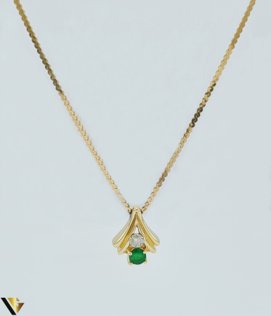 Coliere cu diamante - Lant cu Pandantiv Aur 14k, Diamant 0.01 ct, Smarald