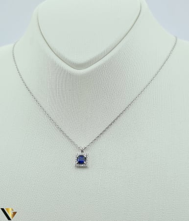 Bijuterii din aur - Lant cu Pandantiv Aur 14k, Diamante 0.10 ct, Safir